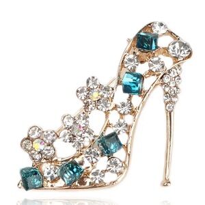 Chic Gold and Blue Crystal Shoe Brooch
